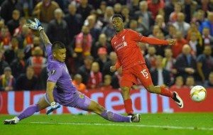 Liverpool’s English striker Daniel Sturridge (right) challenges Villarreal’s French goalkeeper Alphonse Areola during the UEFA Europa League semifinals second leg football match between Liverpool and Villarreal CF at Anfield in Liverpool, northwest England on Friday.   AFP PHOTO