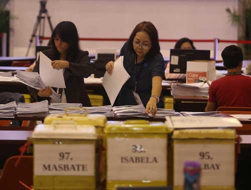 Board of Canvassers check certificates of canvass as the Commission on Elections continues tabulating votes at the Philippine International Convention Center. PHOTO BY RUSSELL PALMA