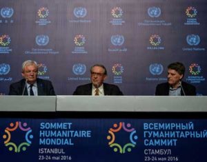 CRITICAL ISSUES AT HAND (left to right) United Nations Under-Secretary General for Humanitarian Affairs Stephen O’Brien, United Nations Deputy Secretary-General Jan Eliasson and World Humanitarian Summit spokesperson Herve Verhoosel give a press conference on Monday in Istanbul, on the eve of the two-day UN-backed World Humanitarian Summit. Global leaders and key NGOs gather in Istanbul on Tuesday for an unprecedented UN-backed summit aimed at transforming the world’s response to humanitarian crises, despite skepticism the talks will have little impact. AFP PHOTO