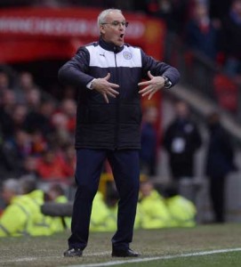 Leicester City’s Italian manager Claudio Ranieri gestures during the English Premier League football match between Manchester United and Leicester City at Old Trafford in Manchester, north west England, on Monday. AFP PHOTO