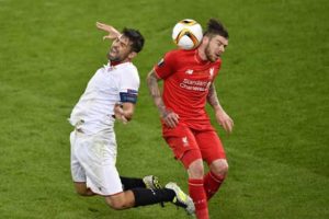 Sevilla’s Spanish defender Coke (left) vies with Liverpool’s Spanish defender Alberto Moreno during the UEFA Europa League final football match between Liverpool FC and Sevilla FC at the St Jakob-Park stadium in Basel on Thursday.  AFP PHOTO