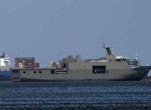 BRAND NEW WARSHIP Newly acquired Philippine Navy Strategic Sealift Vessel BRP Tarlac anchors at Manila Bay on Sunday before its scheduled ceremonial arrival at Pier 13. PHOTO BY RUSSELL PALMA