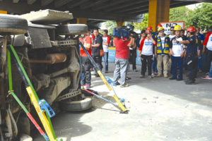 SHAKE DRILL ladder rescue, fire suppression, extrication, medical and transportation of victim-actors from the alabang Viaduct to the nearest hospital were among the response interventions conducted by the Muntinlupa City disaster risk reduction Management office during the Metro Manila shake drill last June 22.  CONTRIBUTED PHOTO 