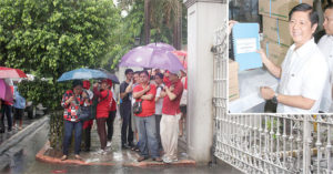 POLL PROTEST Supporters of outgoing Sen. Ferdinand “Bongbong” Marcos Jr. patiently waits for him to file an electoral protest at the gates of the Supreme Court in Padre Faura in Manila on Wednesday. (Inset: Marcos shows voluminous documents to prove his claim that results of the May 9 vice presidential elections was marred with fraud). PHOTO BY ABBY PALMONE