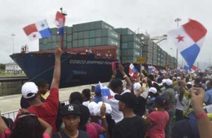 Chinese-chartered merchant ship Cosco Shipping Panama crosses the new Agua Clara Locks during the inauguration of the expansion of the Panama Canal in Colon, 80 kilometers from Panama City, on June 26. AFP PHOTO