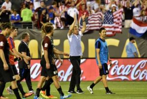 USA’s Jurgen Klinsmann (second-right) acknowledges the crowd after defeating Paraguay 1-0 in a Copa America Centenario football tournament match in Philadelphia, Pennsylvania, United States, on Sunday. AFP PHOTO