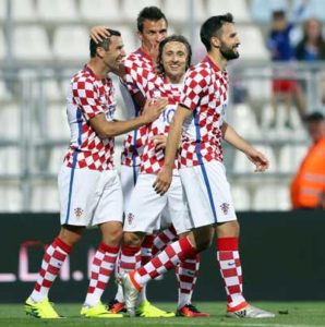 Croatia’s Dario Srna, Mario Mandzukic, Luka Modric and Milan Badelj celebrate scoring their team’s third goal during the friendly football match between Croatia and San Marino in Rijeka, Croatia, on June 4. AFP PHOTO