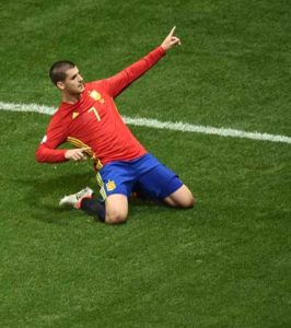 Spain’s forward Alvaro Morata celebrates after scoring the 1-0 during the Euro 2016 group D football match between Spain and Turkey at the Allianz Riviera stadium in Nice on Saturday. AFP PHOTO