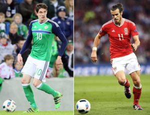 Gareth Bale (right) in Toulouse on June 20, 2016 and Northern Ireland’s striker Kyle Lafferty in Belfast on March 28. Wales face Northern Ireland in Paris on Sunday in the round of 16 of the Euro 2016 football tournament. AFP PHOTO