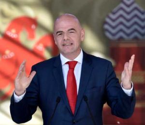 FIFA President Gianni Infantino gestures as he delivers a speech to volunteers during the Volunteer Programme launching ceremony in Moscow, on June 1. Russian President Vladimir Putin and Infantino launched a campaign to recruit volunteers for 2017 Confederations Cup and 2018 World Cup that Russia will host. AFP PHOTO