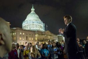 Rep. Joe Kennedy III (D-MA) speaks to supporters of House Democrats taking part in a sit-in on the House Chamber outside the US Capitol on June 23 in Washington, DC. House Republicans attempted to end the 16-hour sit-in by Democrats early Thursday morning by adjourning for a recess through July 5. AFP PHOTO
