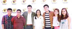 Knowledge Channel President and Executive Director Rina Lopez Bautista (center) leads the presentation of young stars Igi Boy Flores (from left), Dee, Domingo, and celebrity twins Joj and Jai Agpangan as part of its anniversary programs