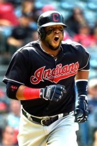 Carlos Santana No.41 of the Cleveland Indians reacts as he runs the bases after hitting a two run homerun in the ninth inning against the Los Angeles Angels of Anaheim at Angel Stadium of Anaheim on Monday in Anaheim, California. AFP PHOTO