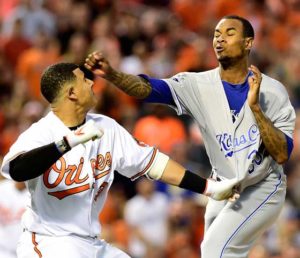 Manny Machado No.13 of the Baltimore Orioles and Yordano Ventura No.30 of the Kansas City Royals fight in the fifth inning during a MLB baseball game at Oriole Park at Camden Yards on Wednesday in Baltimore, Maryland. Machado and Ventura were ejected from the game.   AFP PHOTO