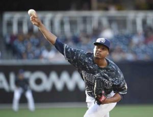 Luis Perdomo No.61 of the San Diego Padres pitches during the first inning of a baseball game against the Colorado Rockies at PETCO Park on Monday in San Diego, California. AFP PHOTO