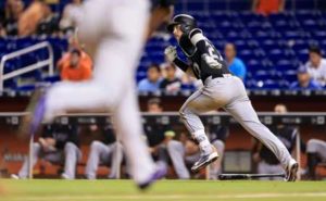 Trevor Story No.27 of the Colorado Rockies runs to first base during the game against the Miami Marlins at Marlins Park on Tuesday in Miami, Florida. AFP PHOTO