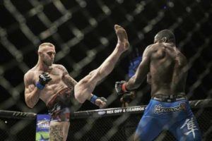 JP Kruger (left) and Yannick Bahati clash in a mixed martial arts middleweight contest at Carnival City in Brakpan, South Africa on May 13. AFP FILE PHOTO