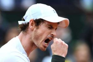 Great Britain’s Andy Murray reacts after winning a point during his men’s quarter-final match against France’s Richard Gasquet at the Roland Garros 2016 French Tennis Open in Paris on Thursday. AFP PHOTO