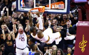 Lebron James No.23 of the Cleveland Cavaliers dunks in the second half against the Golden State Warriors in Game 6 of the 2016 NBA Finals at Quicken Loans Arena on Friday in Cleveland, Ohio. AFP PHOTO