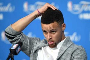 Stephen Curry No.30 of the Golden State Warriors speaks to the media after being defeated by the Cleveland Cavaliers in Game 6 of the 2016 NBA Finals at Quicken Loans Arena on Friday in Cleveland, Ohio. AFP PHOTO 