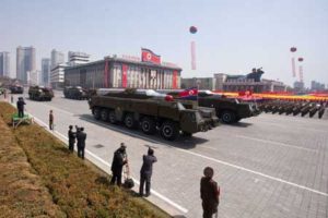 SABER RATTLING Musudan-class missiles, which are believed capable of reaching Japan and Guam, are displayed during a military parade in Pyongyang. AFP PHOTO