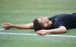 Austria’s Dominic Thiem celebrates after winning against Germany’s Philipp Kohlschreiber in the final match at the ATP Mercedes Cup tennis tournament in Stuttgart, southwestern Germany, on Monday.  AFP PHOTO