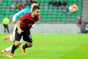 Turkey’s Arda Turan (right) vies for the ball with Andraz Struna of Slovenia during the pre-Euro 2016 football friendly match at Stadium Stozice in Ljubljana, Slovenia on June 5.  AFP PHOTO 