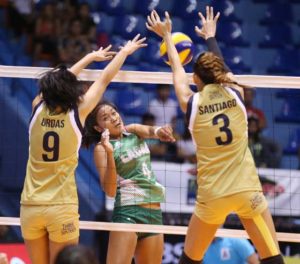 NU’s Jaja Santiago (3) and Aiko Urdas foils Team Laoag’s Mylene Paat’s attack during their Shakey’s V-League Season 13 Open Conference clash.  CONTRIBUTED PHOTO