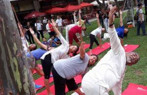 Participants perform a yoga asana or posture during the 2nd International Day of Yoga on Saturday at the Ayala Triangle Gardens in Makati City. PHOTO BY JEAN RUSSEL V. DAVID
