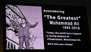 The marquee at Caesars Palace shows a tribute to boxing legend Muhammad Ali early on Saturday (Sunday in Manila) in Las Vegas, Nevada. Ali died on Friday (Saturday in Manila) in a hospital in Arizona at the age of 74.  AFP PHOTO