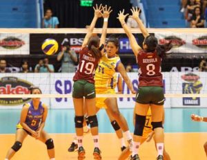 Judy Ann Caballejo of Air Force No.11 hammers in a kill against UP’s Nicole Tiamzon No.19 and Katherine Bersola during their Shakey’s V-League showdown. CONTRIBUTED PHOTO