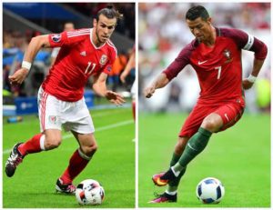 Portugal’s forward and captain Cristiano Ronaldo (right) in Lisbon on June 8, and Wales’ forward Gareth Bale on July 1, in Villeneuve-d’Ascq. Portugal faces Wales in the first Euro 2016 semifinals football match in Paris on Thursday in Lyon.   AFP PHOTO