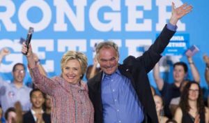 TIM’S THE MAN US Democratic Presidential candidate Hillary Clinton and US Senator Tim Kaine, Democrat of Virginia, waves during a campaign rally at Ernst Community Cultural Center in Annandale, Virginia on July 14. AFP PHOTO