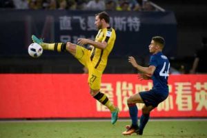 Dortmund’s Gonzalo Castro (left) controls for the ball during the 2016 International Champions Cup football match between Manchester United and Dortmund in Shanghai on Saturday. AFP PHOTO