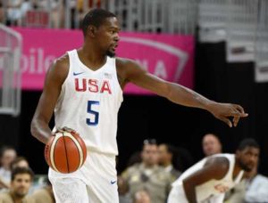 Kevin Durant No.5 of the United States sets up a play against Argentina during a USA Basketball showcase exhibition game at T-Mobile Arena on Saturday in Las Vegas, Nevada. AFP PHOTO