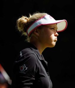 Brooke M. Henderson of Canada reacts to her drive on the third hole during the first round of the Cambia Portland Classic held at Columbia Edgewater Country Club on Friday in Portland, Oregon.  AFP PHOTO 