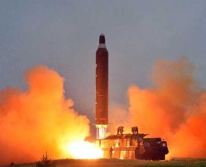 Undated, this photo shows a test launch of the ballistic missile Hwasong-10 at an undisclosed location in North Korea. AFP PHOTO/KCNA VIA KNS