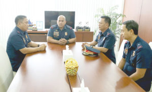 READY TO CLEAR THEIR NAMES Director General Ronaldo ‘Bato’ de la Rosa (second from left) meets three active generals named by President Rodrigo Duterte as protectors of drug syndicates. From left: Chief Supt. Edgardo Tinio,  Director Joel Pagdilao and Chief Supt. Bernardo Diaz. PHOTO COURTESY OF TOTI NAVALES/PNP-PIO 