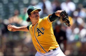 Daniel Mengden No.67 of the Oakland Athletics pitches against the Houston Astros at the Oakland-Alameda Coliseum on Thursday in Oakland, California. AFP PHOTO