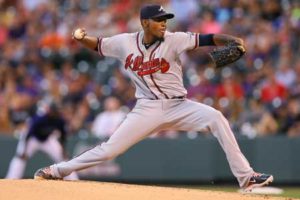 Starting pitcher Julio Teheran No.49 of the Atlanta Braves delivers to home plate during the first inning against the Colorado Rockies at Coors Field on Saturday in Denver, Colorado. AFP PHOTO