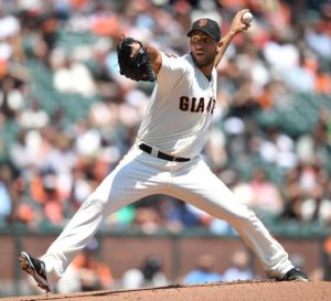 Madison Bumgarner No.40 of the San Francisco Giants pitches against the Cincinnati Reds in the top of the first inning at AT&T Park on Thursday in San Francisco, California. AFP PHOTO