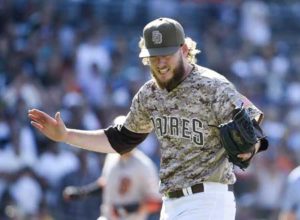 Brandon Maurer No.37 of the San Diego Padres reacts after getting the final out during the ninth inning of a baseball game against the San Francisco Giants at PETCO Park on Monday in San Diego, California. AFP PHOTO