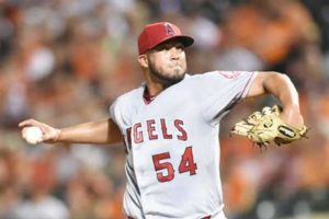  Deolis Guerra No.54 of the Los Angeles Angels of Anaheim pitches in ninth inning during a baseball game against the Baltimore Orioles at Oriole Park at Camden Yards on Saturday in 