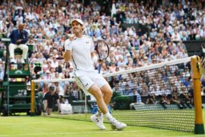 Britain’s Andy Murraycelebrates beating CzechRepublic’s Tomas Berdych in theirmen’s singles semifinals match onthe twelfth day of the 2016Wimbledon Championships at TheAll England Lawn Tennis Club inWimbledon, southwest London,on Saturday.  AFP PHOTO