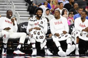 LAS VEGAS, Nevada: (Left to right) Draymond Green No.14, DeAndre Jordan No.6, Kevin Durant No.5 and Harrison Barnes No.8 of the United States laugh on the bench during a USA Basketball showcase exhibition game against Argentina at T-Mobile Arena on July 22, in Las Vegas, Nevada. The United States won 111-74. AFP PHOTO