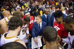 Tyronn Lue of the Cleveland Cavaliers talks to the team prior to the game against the Chicago Bulls at Quicken Loans Arena on January 23, in Cleveland, Ohio. AFP PHOTO