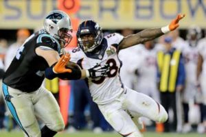 Denver Broncos’ Von Miller (58) makes an outside rush against the Carolina Panthers’ Mike Remmers (74) during the NFL Super Bowl 50 football game in Santa Clara, California. AFP PHOTO