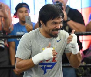Manny Pacquiao during training. Pacquiao’s promoter Bob Arum, who also promoted the Crawford vs Postol junior welterweight division supremacy contest, is looking at a November 5 date for the Filipino ring icon. AFP PHOTO