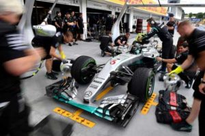 Mercedes AMG Petronas F1 Team’s German driver Nico Rosberg drives to the pit lane during the first training session ahead of the Formula One Hungarian Grand Prix at the Hungaroring circuit near Budapest, on Saturday. AFP PHOTO