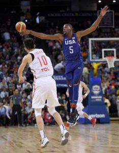 Kevin Durant No.5 of the United States Men’s National Team defends the pass of Zhou Peng No.10 of China Men’s National Team during the first half of a USA Basketball showcase exhibition game at ORACLE Arena on Wednesday in Oakland, California. AFP PHOTO